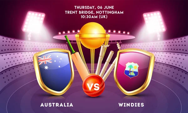 Australia Windies Diseño Del Póster Del Partido Cricket Con Escudos — Archivo Imágenes Vectoriales