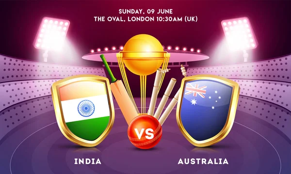 在夜间体育场景观背景上 印度对澳大利亚与国旗盾牌和板球设备的板球比赛 — 图库矢量图片