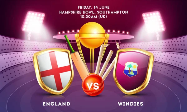 Partido Cricket Entre Inglaterra Windies Con Ilustración Escudos Bandera País — Archivo Imágenes Vectoriales