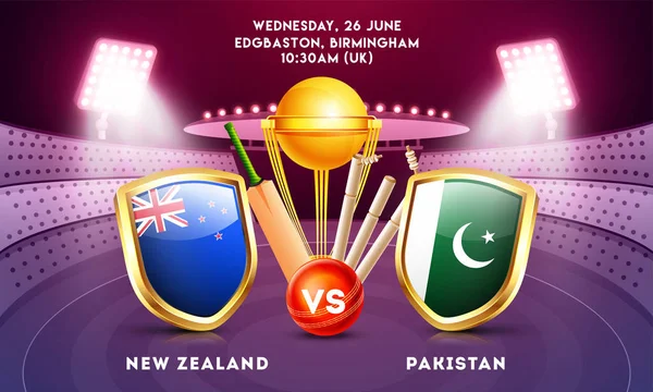 Partido Cricket Entre Nueva Zelanda Pakistán Con Ilustración Escudos Bandera — Vector de stock