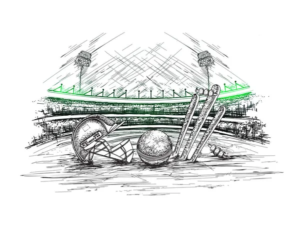 Vue Stade Cricket Avec Illustration Casque Cricket Balle Des Souches — Image vectorielle