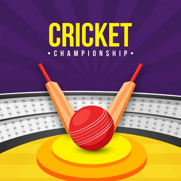 Flat style cricket championship template or poster design with illustration of cricket bats and ball on stadium background.