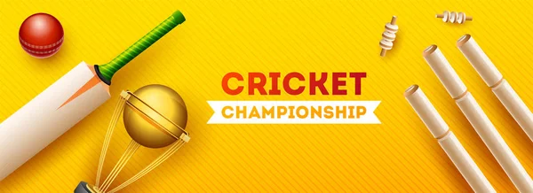 Bovenaanzicht Van Cricket Apparatuur Zoals Gouden Trofee Wicket Stomp Badjes — Stockvector