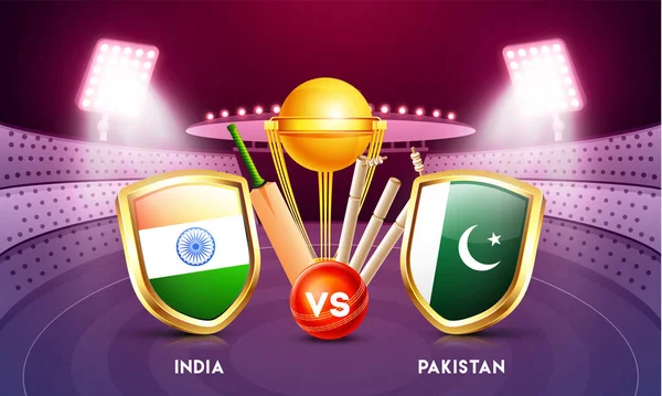 広告バナーやクリケット トーナメント参加者国インド対パキスタンとポスター デザインと夜スタジアム ビューの背景のクリケット機器図 — ストックベクタ