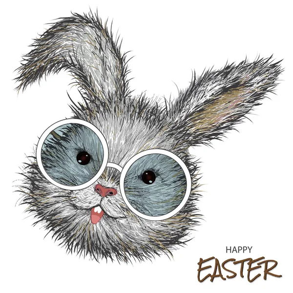 かわいいウサギのベクトル イラストは 白い背景の上身に着けているサングラスをスケッチします ハッピー イースターのグリーティング カードのデザイン — ストックベクタ