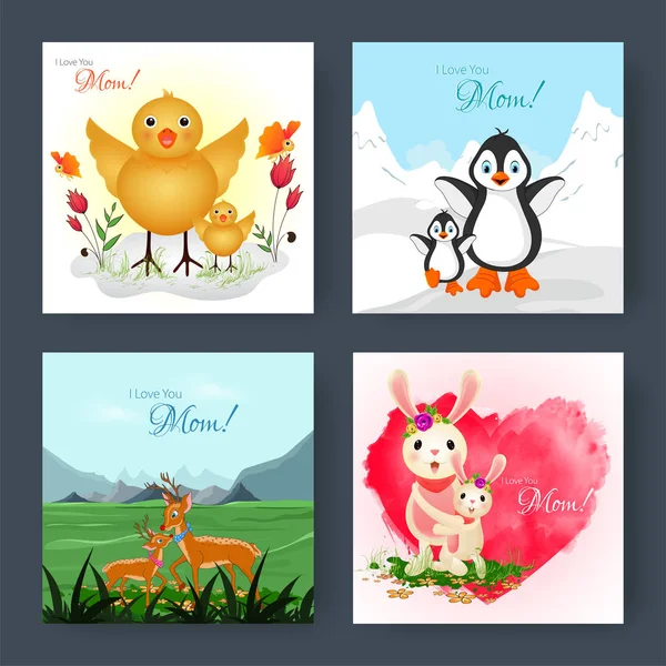 Dia Das Mães Cartão Conjunto Com Animais Bonitos Personagem — Vetor de Stock