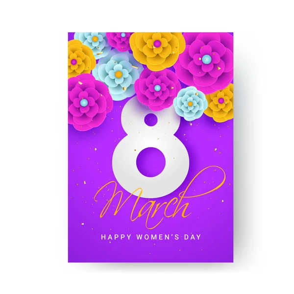 Marzo Tarjeta Felicitación Del Día Mujer Diseño Plantilla Decorada Con — Vector de stock