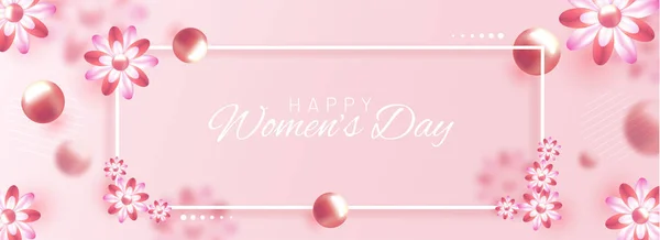 Happy Women Day Diseño Encabezado Pancarta Con Flores Realistas Decoradas — Vector de stock