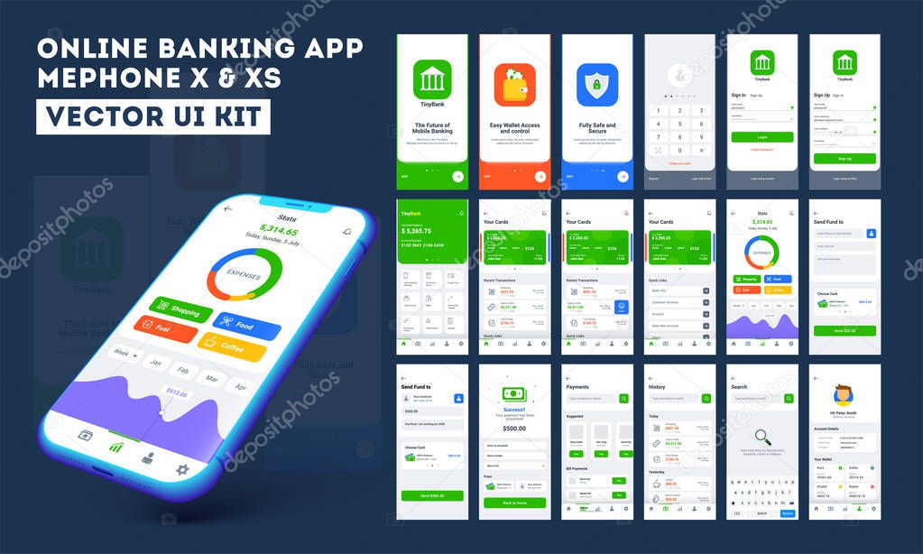 Online banking app ui kit for responsive mobile app or website with different layout including login, create account, user profile, transaction and notification screens.