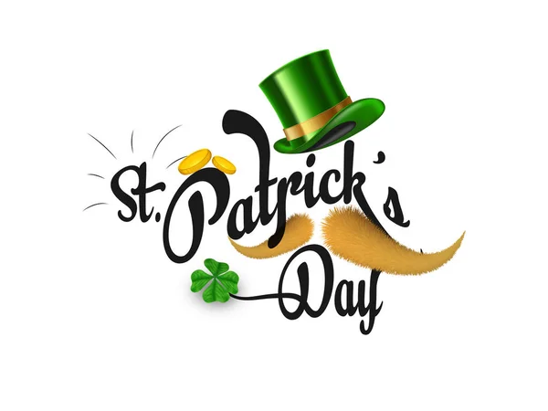 Calligraphy of St Patrick's Day with hat and furry moustache. — Stock Vector