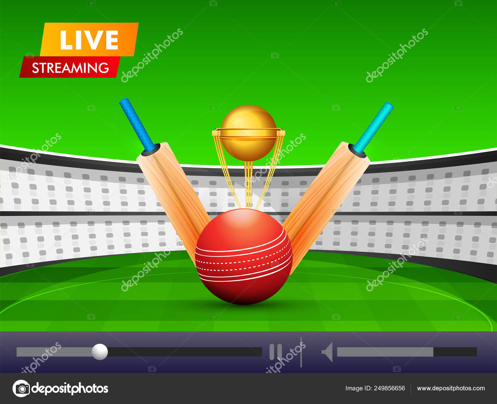 Live streaming video play window with illustration of bats, ball Stock Vector by ©alliesinteract 249856656