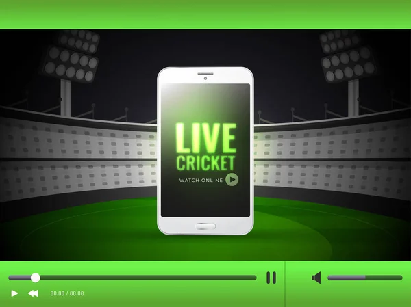 Aplicación de cricket en línea en la pantalla del teléfono inteligente en el fondo del estadio, L — Vector de stock