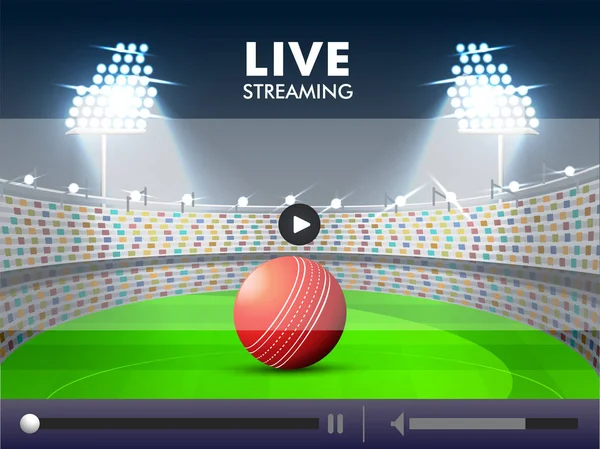 Live Streaming video play illustration with cricket ball on stad — Stock Vector