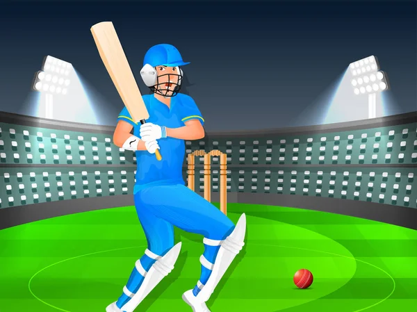 Vector illustration of cricket batsman on night stadium view bac — Stock Vector