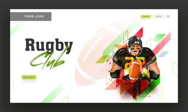 Rugby Club Landing Page Design mit Rugby-Spieler Illustration auf — Stockvektor
