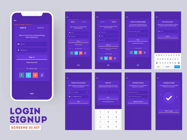UI de estilo plano, UX e layout GUI com diferentes telas de login em — Vetor de Stock