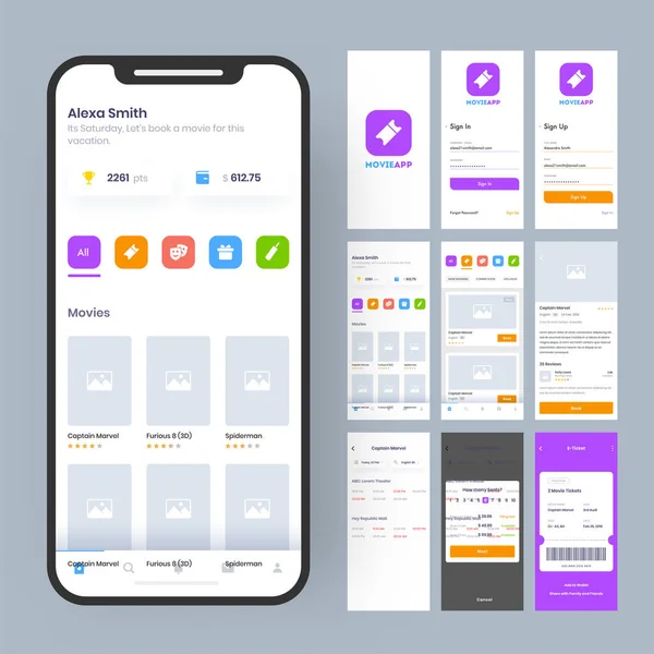 Online-Film-App Ui Kit für reaktionsschnelle mobile App oder Website mit Witz — Stockvektor