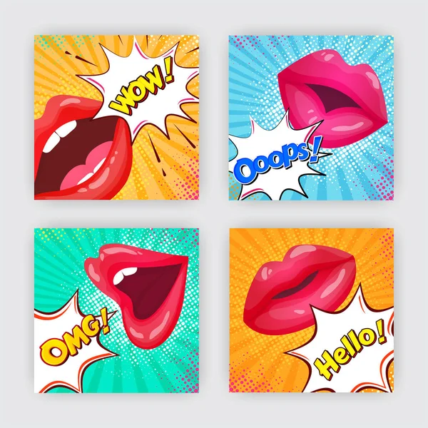 Woman lips expressing different emotions such as wow, hello, oop — Stock Vector