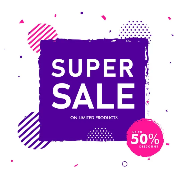 Banner de venda super ou design de cartaz em estilo plano com 50% discou — Vetor de Stock