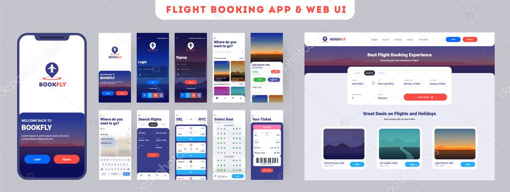 Online Flight booking mobile app onboarding website menu screens