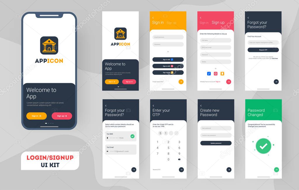 Set of Mobile Login screens with UI for applications including A