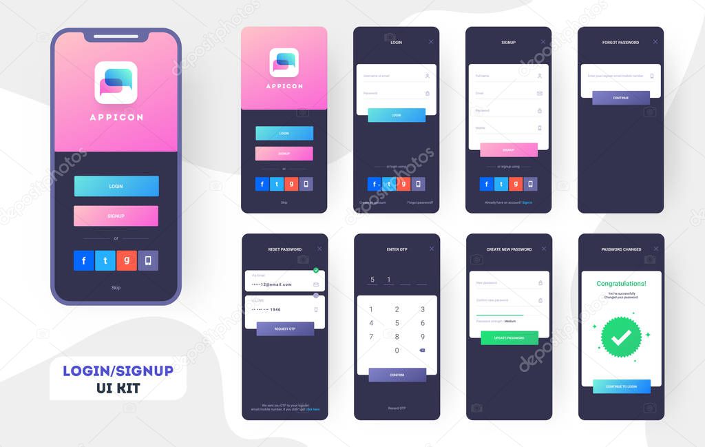 Mobile App UI or UX design with different login screens includin