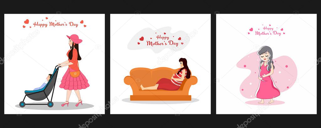 Happy Mother Day greeting cards with illustration of beautiful w