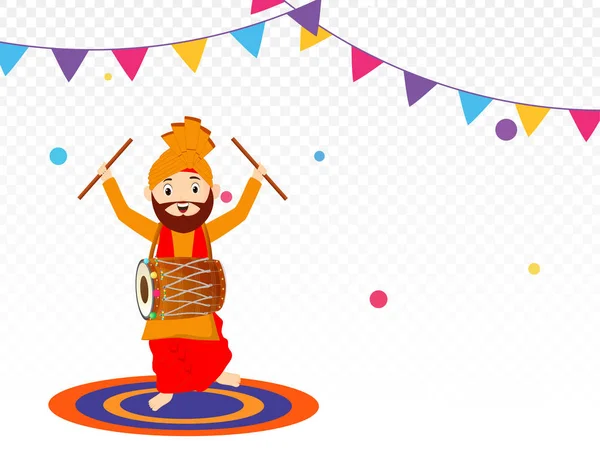 Cute punjabi man dancing while playing drum, on decorative png b — Stock Vector