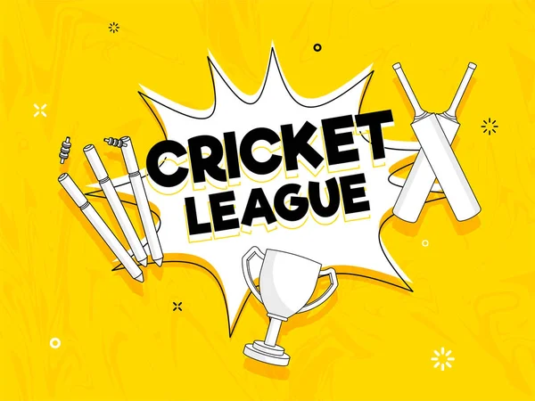 Cricket League poster or flyer with winning trophy, wicket and b — Stock Vector