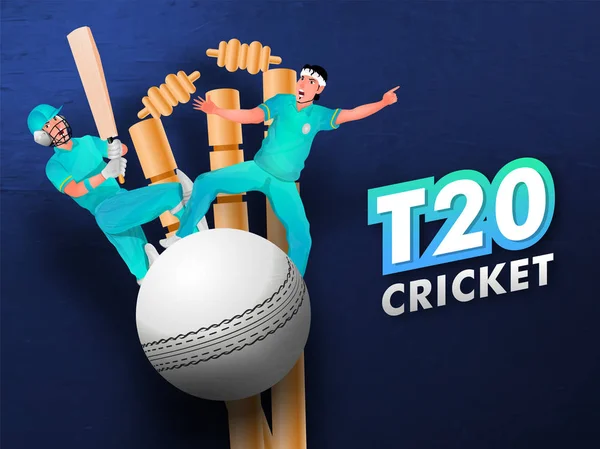 T20 Cartel de cricket o diseño de volante con jugador de cricket, wicket a — Vector de stock