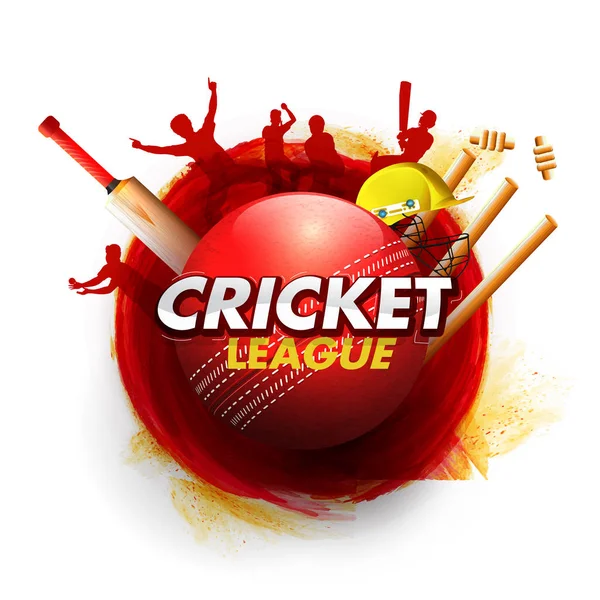 Cricket League poster or flyer design with illustration of red g — Stock Vector