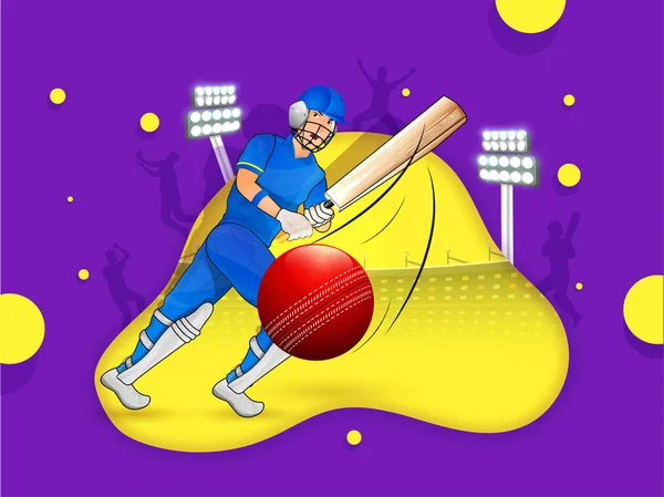 Bateador de cricket golpeando la pose de la bola en el fondo de color brillante — Vector de stock