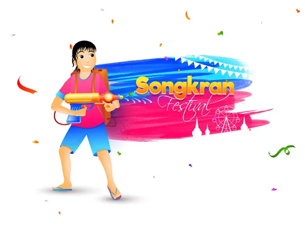 Menino feliz brincando com arma de água no cartaz do Festival de Songkran ou —  Vetores de Stock