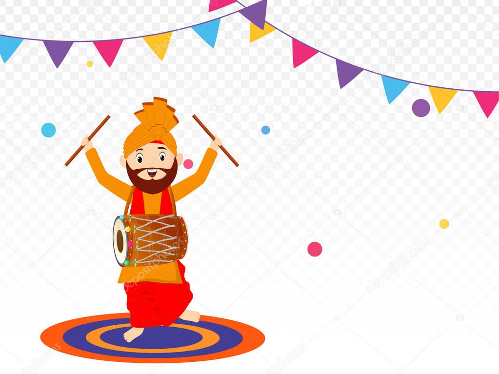 Cute punjabi man dancing while playing drum, on decorative png b