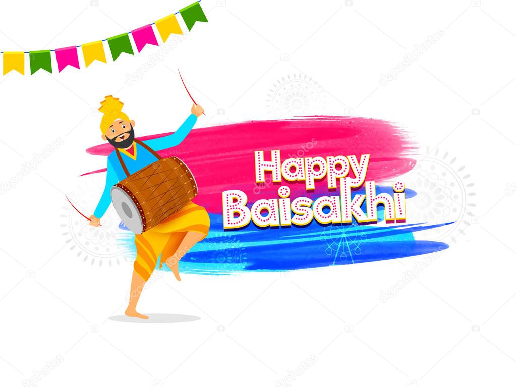 Happy Baisakhi poster or banner design with cute drummer playing