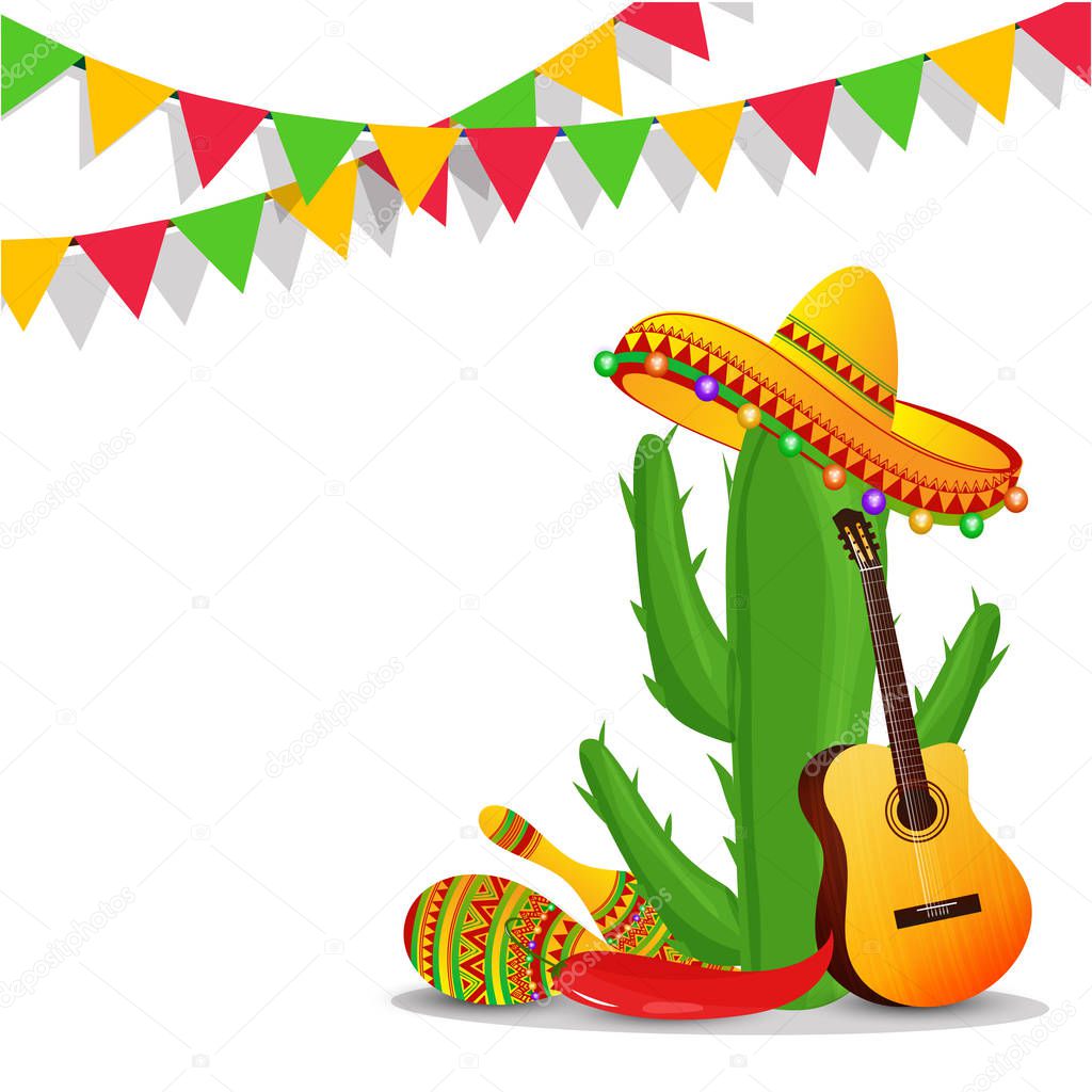 Cinco De Mayo poster or flyer design with cactus wearing hat and