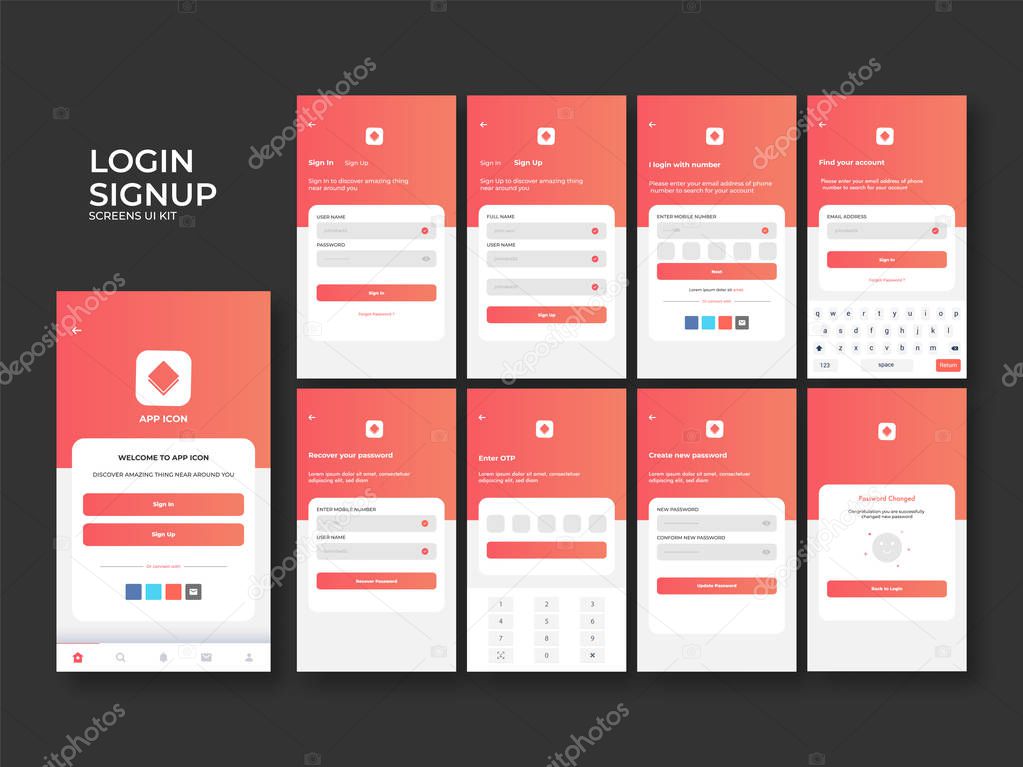 Material Design UI,UX and GUI layout with Welcome screen and dif