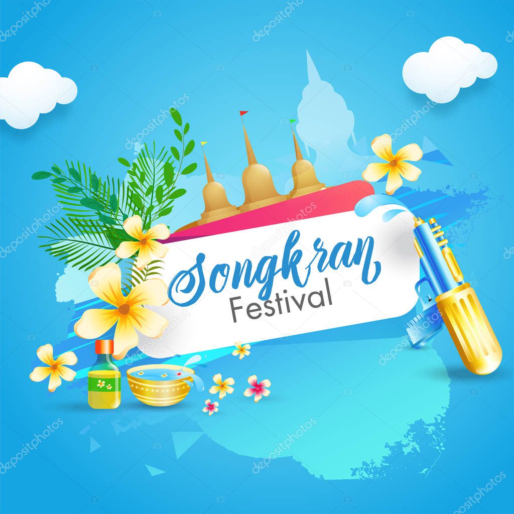 Water Festival of Songkran poster or flyer design with illustrat