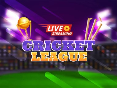 Kriket Stadyumu gece ışık görünümün arka planına kazanan kupa ile 