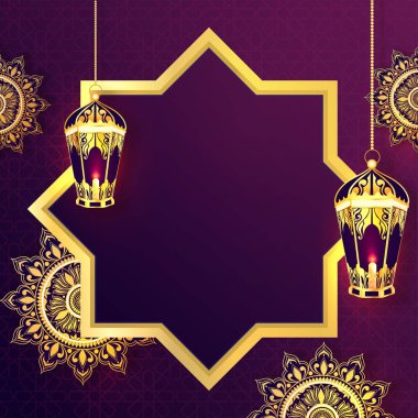 Altın yıldız ve Ramazan için mor zemin üzerine çiçek desenli 