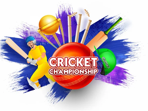 Diseño de pancarta o póster del Campeonato de Cricket, vista cercana de la pelota — Vector de stock