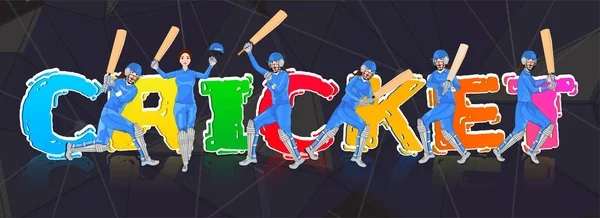 Colorido texto de Cricket con ilustración de grillo femenino pla — Vector de stock