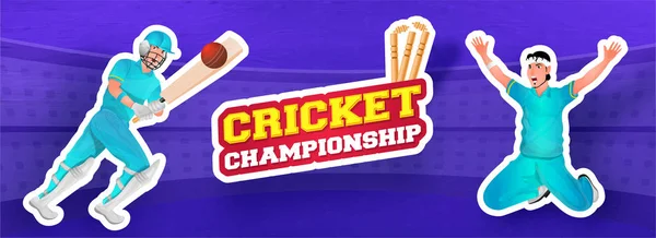 Giocatore di cricket in posa diversa con attrezzatura da cricket su purpl — Vettoriale Stock