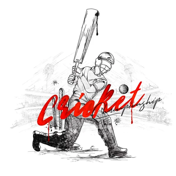 Hand getekende illustratie van cricket speler in batting pose met s — Stockvector