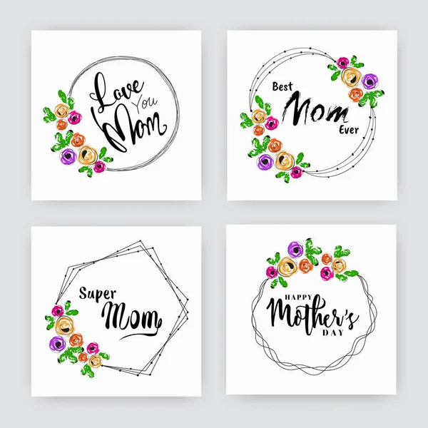Hand drawn set of spring floral with different loving text for M — Stock Vector