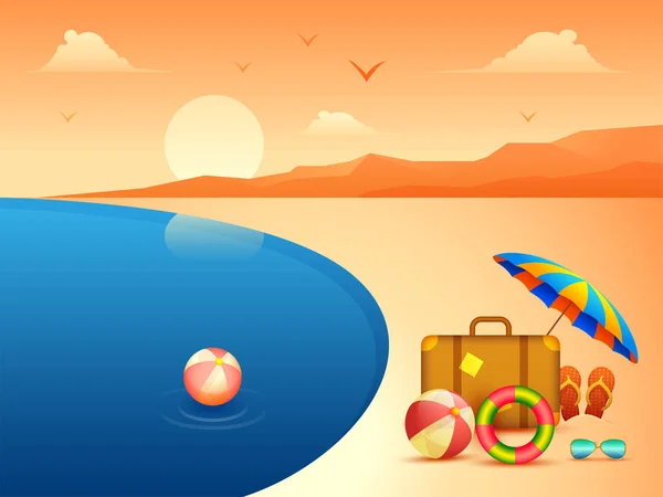 Fundo bonito vista praia com elementos de verão para o verão —  Vetores de Stock