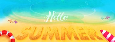 Plaj manzaralı Hello Summer web sitesi başlık afiş tasarımı.