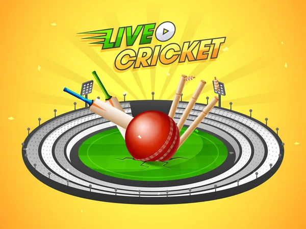 Live cricket match banner eller affisch design med cricket equipmen — Stock vektor