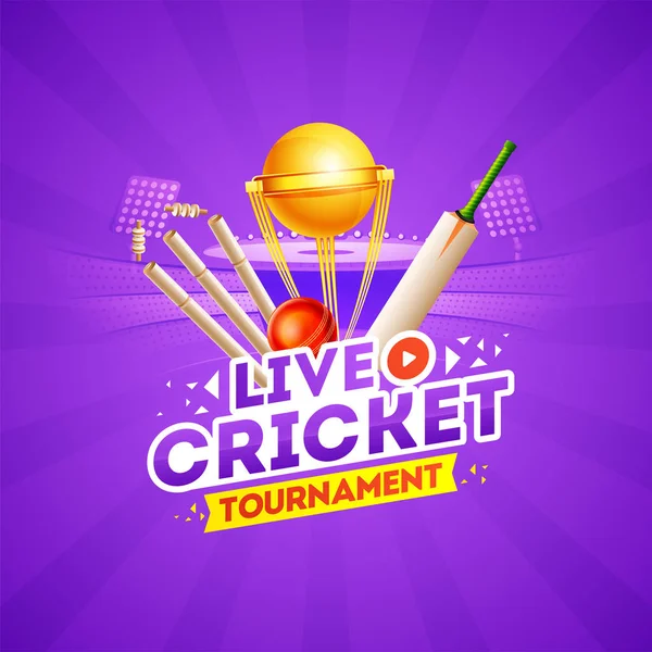 Live Cricket toernooi concept met cricket elementen en gouden — Stockvector