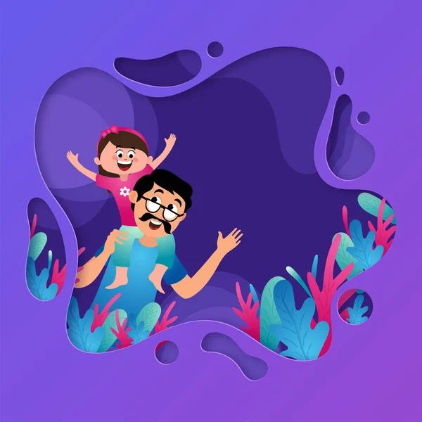 Happy father and daughter duo on purple layer cut background for — Stock Vector